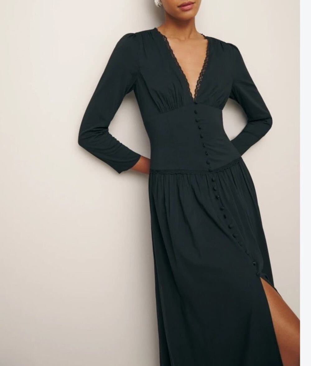 Reformation Lillia Black Organic Cotton Viscose Midi Dress Size 4 $298